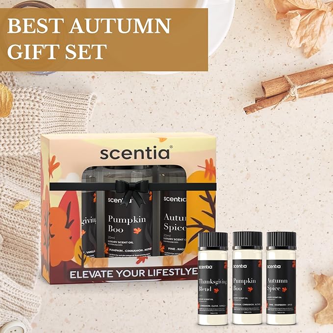 Scentia Fall Essential Oils for Diffuser with 3 Cozy Scents: Autumn Spice, Thanksgiving Blend & Pumpkin Boo - 20ml Aromatherapy Oils for Home, Candles & DIY - Perfect Fall Gift