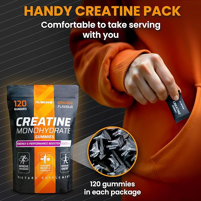 Creatine Monohydrate Gummies 5000mg for Women & Men - Muscle Builder & Pre Workout Gym Supplements - Chewables Creatine Mono Hydrate, Sugar-Free - 120 Gummies, Orange Flavor