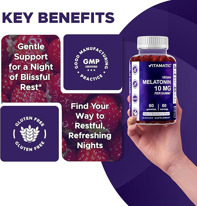 Vitamatic Melatonin 10 mg Vegetarian Gummies – Non-Habit Forming – 60 Gummies per Bottle – 2-Pack (Total 120 Vegan Gummies)