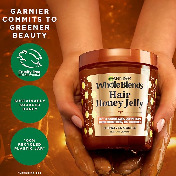 Garnier Whole Blends Honey Treasures Repairing Shampoo (22 Fl), Conditioner (22 Fl) + Defining Wavy & Curly Hair Jelly (13.5 Fl) (4 Items), Bundle