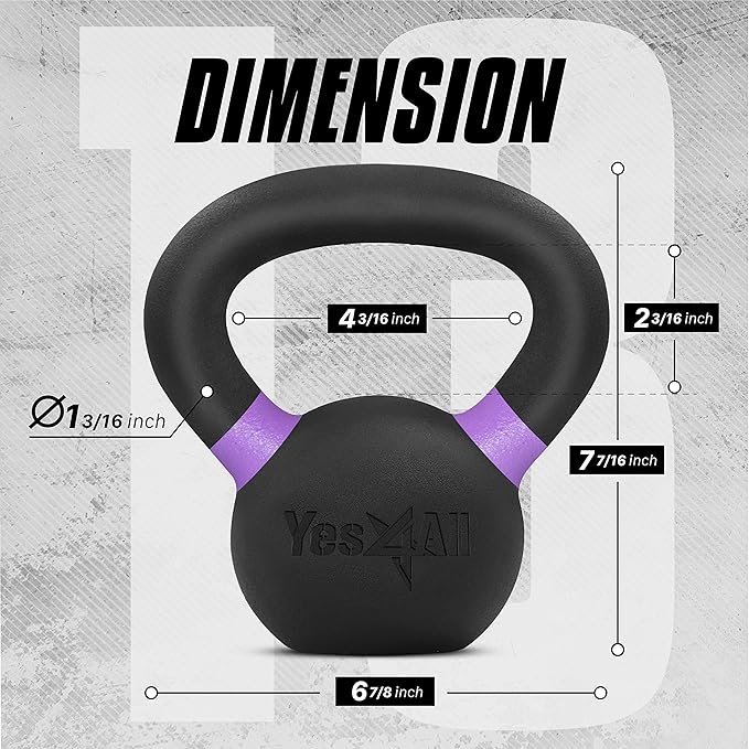 Yes4All Powder Coated Kettlebell, Cast Iron Core Kettlebells with Non-Slip Handle & Flat Bottom for Conditioning, Heavy Duty for Strength Training, 9lb to 71lb - Single & Pair