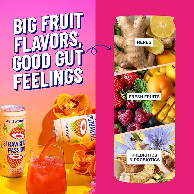 wildwonder Sparkling Probiotic Drink 12pk, For Gut Health & Immune Support, Classic Variety Pack, 5g Prebiotic Fiber, Live Probiotics, Organic, Vegan, Low Sugar, 12 Pack, 12oz Can, Seen on Shark Tank