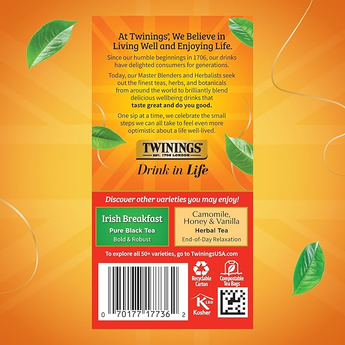 Twinings English Breakfast Extra Strong Black Tea Individually Wrapped Bags, 20 Count (Pack of 1), Robust, Caffeinated, Enjoy Hot or Iced, 20 Teabags