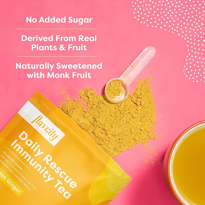 FlavCity Lemon Ginger Tea Powder – Antioxidant-Rich Herbal Tea with Turmeric & MCT Oil for Daily Immune Support – Sugar-Free, Shelf-Stable, Hot & Cold Brew, 30 Servings