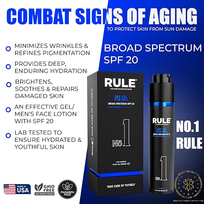 No.1 Day Gel for Men, 10-in-1 Anti-Aging Face Moisturizer to Reduce Wrinkles, SPF 20, Collagen, Vitamins B, C & E - Combination & Oily Skin - Original, 50 mL
