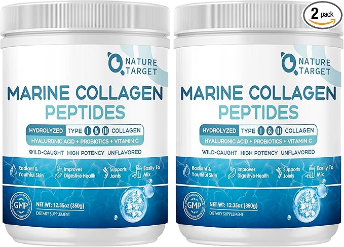 NATURE TARGET Marine Collagen Peptides Powder - Type I & III Collagen with Probiotics, Vitamin C & Hyaluronic Acid for Skin, Hair, Nails, Wild-Caught Fish & Grass-Fed Bovine, 35 Servings (Pack of 2)