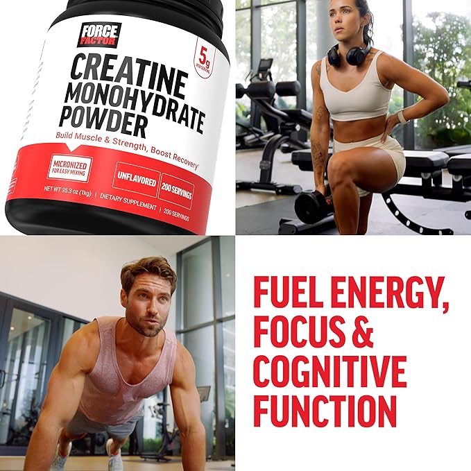 Force Factor Creatine Monohydrate Powder (1KG), 5g Micronized Dose to Support Muscle Growth, Strength, Recovery, Cognitive Health & Memory, Unflavored, 200 Servings