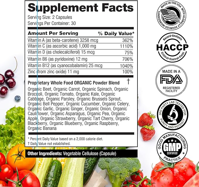 1000mg Immune Support Capsules Made with 25 Organic Fruits and Vegetables, Strong Immunity Boosters with Vitamins A, C, D3, and Zinc, 60 Count