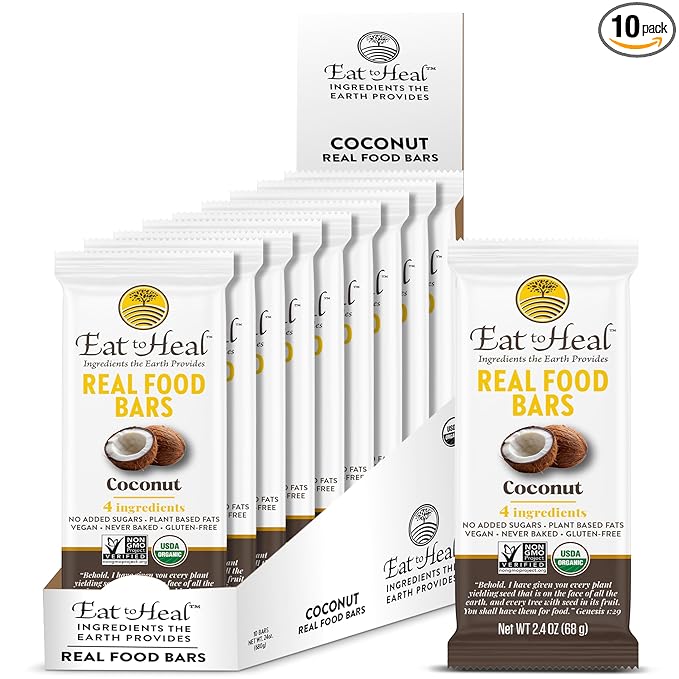 EatToHeal Coconut Real Food Bar - Organic Vegan Healthy Gluten Free Protein Bars - Low Sugar Meal Replacement Bar, Non GMO, Never Baked, Plant Based - Crafted to Enjoy, Not Sit on Shelves