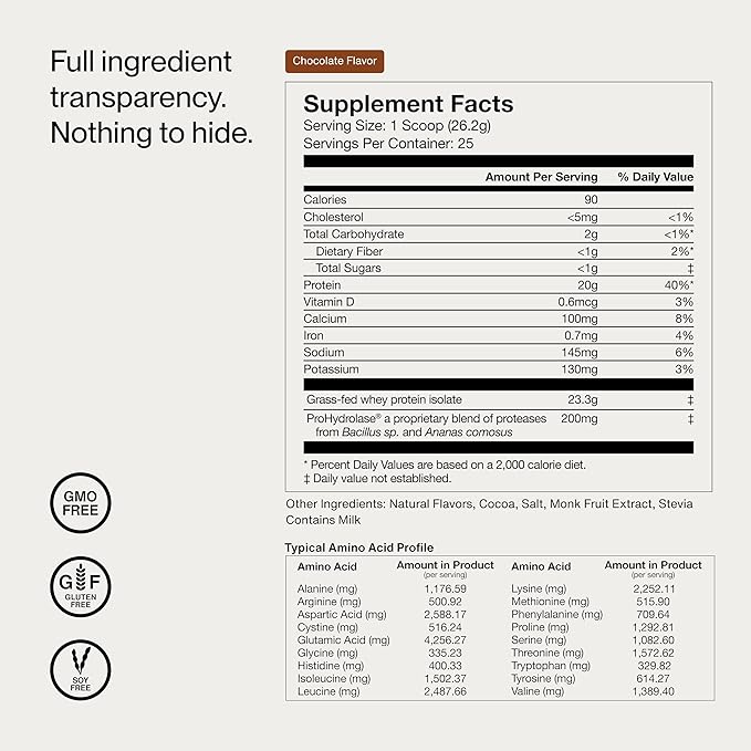 Momentous Essential Grass-Fed Whey Protein Powder - 20g Whey Isolate Protein - NSF Certified, Gluten-Free, 24 Servings for Essential Everyday Use, Chocolate (Package May Vary)