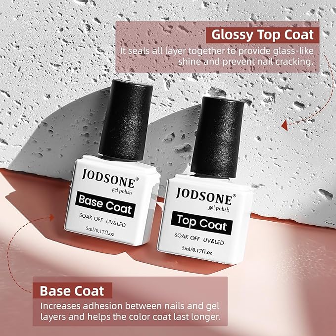 JODSONE 12 PCS Gel Nail Polish Set with Base Coat Top Coat 10 Colors White Pink Nude Jelly Gel Polish Perfect for DIY Nail Art at Home