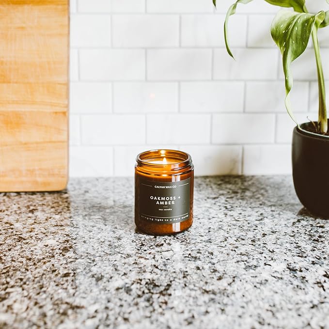 Calyan Wax Co. Soy Wax Candle, Oakmoss + Amber Scented Candle, 57 Hour Burn Time, Aromatherapy Soy Candles, Non Toxic & Vegan Soy Wax, Amber Glass Jar Scented Candles, 7.2oz
