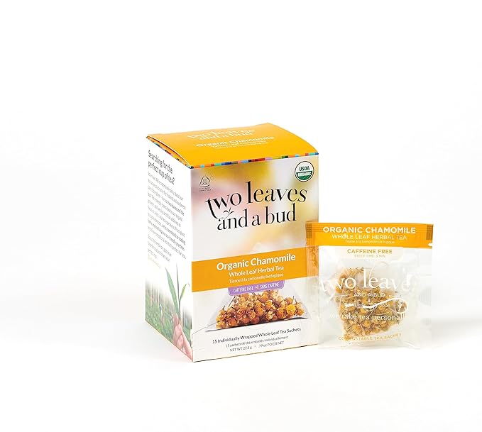Two Leaves and a Bud Organic Chamomile Herbal Tea Bags, Naturally Caffeine Free, Whole Leaf Chamomile Tea in Compostable Sachets, 15 Count (Pack of 1)