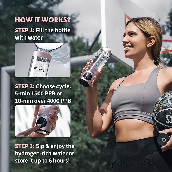 Hydrogen Water Bottle Generator - Up to 4100+ PPB Concentration - SPE/PEM Technology - Certified H2 Generator - Portable Athletic Performance & Hydration System - 6-Hour Hydrogen Retention