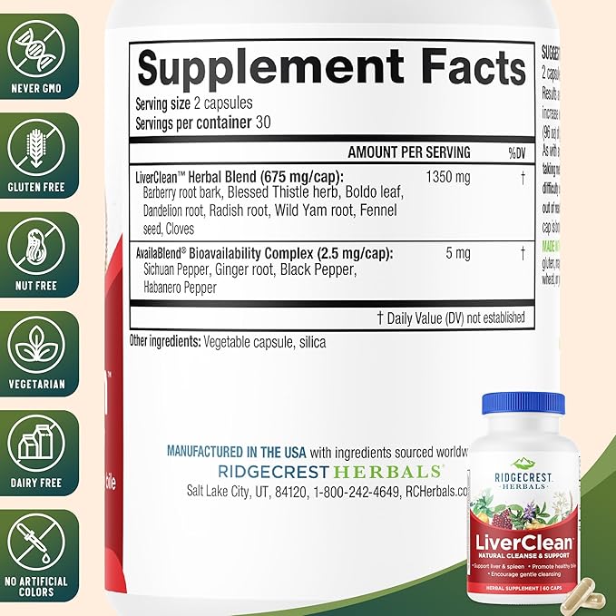 Ridgecrest Herbals LiverClean, Herbal Liver Support Supplement, Blessed Thistle, Dandelion, Detox, Cleanse Support, Healthy Bile (60 Caps, 30 Serv)