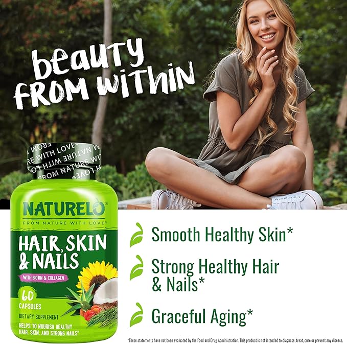 NATURELO Hair, Skin and Nails Multivitamin - 5000 mcg Biotin, Collagen, Natural Vitamin E - Supplement for Healthy Skin, Hair Growth for Women and Men 60 Capsules