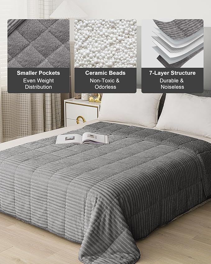 Sherpa Fleece Weighted Blanket with Ribbed Stripes for Adults, 15 lbs Dual Sided Cozy Warm Blanket for Couch Full Size Bed, Ceramic Beads Heavy Thick Blankets Great for Sleep, Grey, 60" x 80"