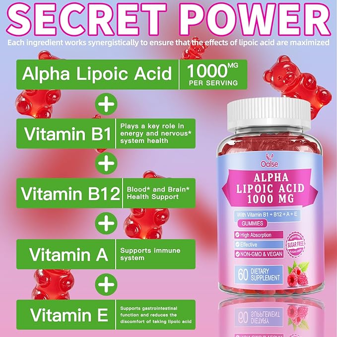 Alpha Lipoic Acid Gummies 1000Mg with Vitamin B1, B12, A, E - High Absorption Sugar Free Chewable ALA Supplement for Energy and Nerve* Support,Raspberry Flavor, 60 Gummies