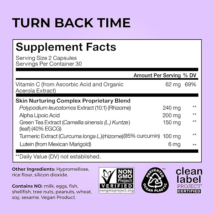 HUM Turn Back Time Turmeric Supplement for Youthful Looking Skin Support with Green Tea Extract, Lutein & Polyphenols, Skin Care Aging & Collagen Support Capsules for Even Tone, 60 Vegan Capsules