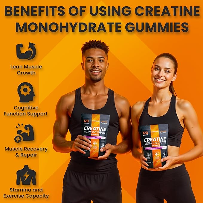 Creatine Monohydrate Gummies 5000mg for Women & Men - Muscle Builder & Pre Workout Gym Supplements - Chewables Creatine Mono Hydrate, Sugar-Free - 120 Gummies, Orange Flavor