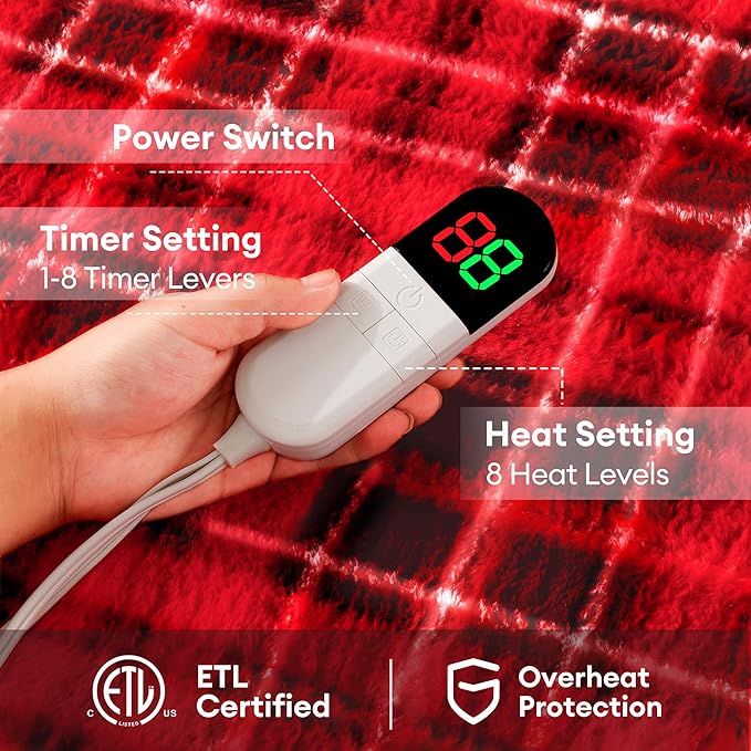 MAXEVE Faux Fur Heated Electric Blanket, 84"x90" Fast Heating Warming Queen Blankets with 8 Heating Levels & 8 Hours Auto Off with Over-Heat Protection & ETL Certified, Plaid Red