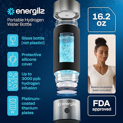 Hydrogen Water Bottle | Large 16.2 oz (480 ml) Hydrogen Water Bottle Generator 3000ppb | Hydrogenator Machine | SPE/PEM Hydrogenated Ionizer Generator (Steel w/Black)