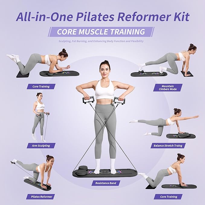 Pilates Board Reformer Premium 15-in-1 Upgraded Foldable - Portable Home Gym Digital Display, Resistance Bands,Balance Board and Timer - Ideal for Abs, Core and Full-Body Workout for Women