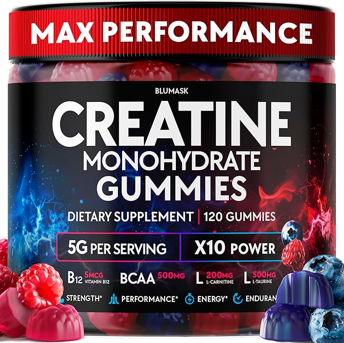 Creatine Monohydrate Gummies Complex 5000 MG for Men & Women, Preworkout Gummy with BCAA, L-Carnitine, Taurine & Vitamin B12 for Muscle Growth, Strength & Energy Support , Flavored and Chewable