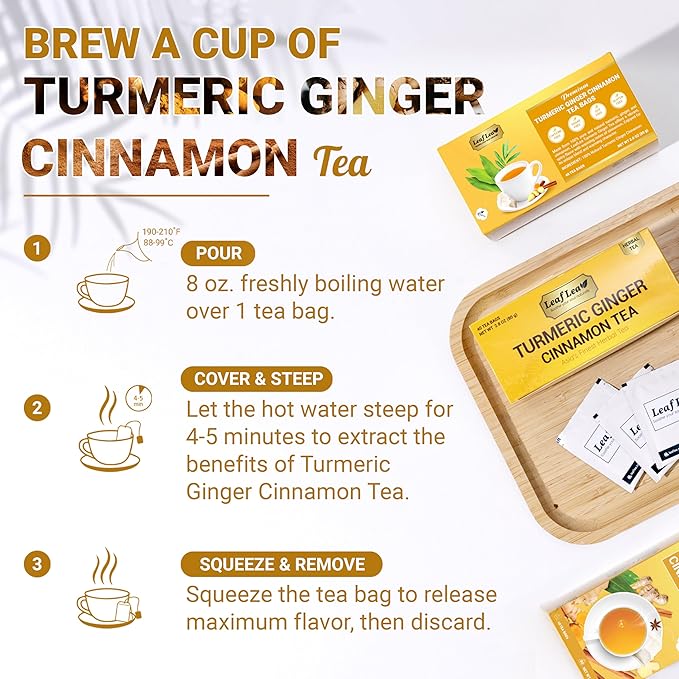 LeafLea 160 Ginger Turmeric Tea Bags, 100% Natural & Pure Herbal Tea Blend of Turmeric Ginger Tea with Cinnamon, Turmeric Tea Supports Digestion & Immunity, Caffeine-Free, No Sugar, Non-GMO
