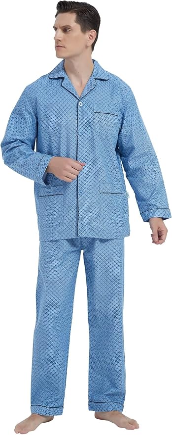 GLOBAL Men's Pajamas Sets 100% Cotton Flannel Sleepwear Long-Sleeve top & Bottom