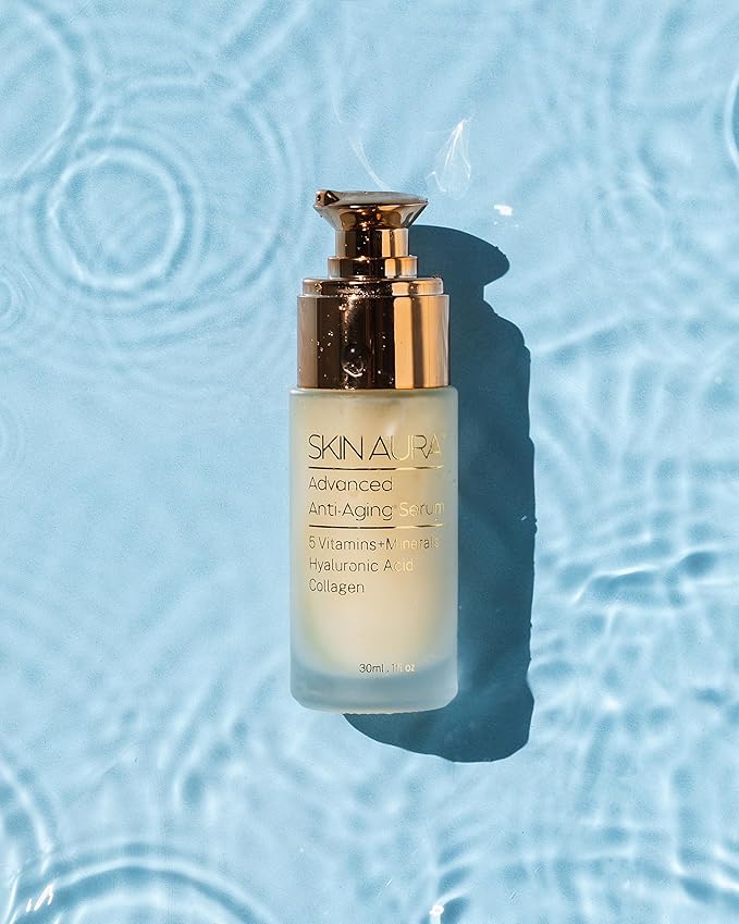 SKIN AURA Advanced Anti-Aging Serum - All-In-One Plant Derivative Formula Improves Wrinkles, Fine Lines & Age Spots with 5 Vitamins + Minerals, Hyaluronic Acid & Collagen Peptides - 30ml (1oz)