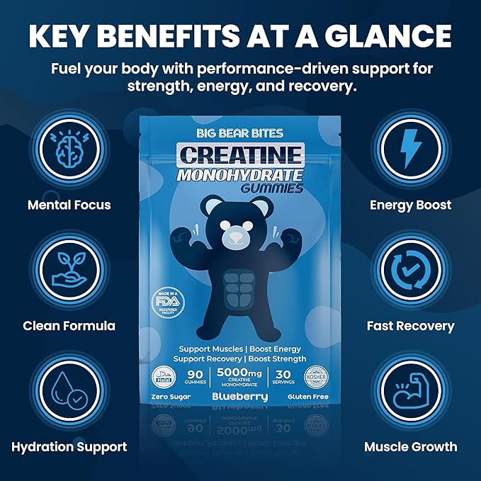 Creatine Monohydrate Gummies for Men & Women | 5000mg of Creatine Gummies per Serving | Sugar, Gluten Free & Halal | Pack of 90 for Pre Workout & Muscle Recovery | Blueberry Flavor