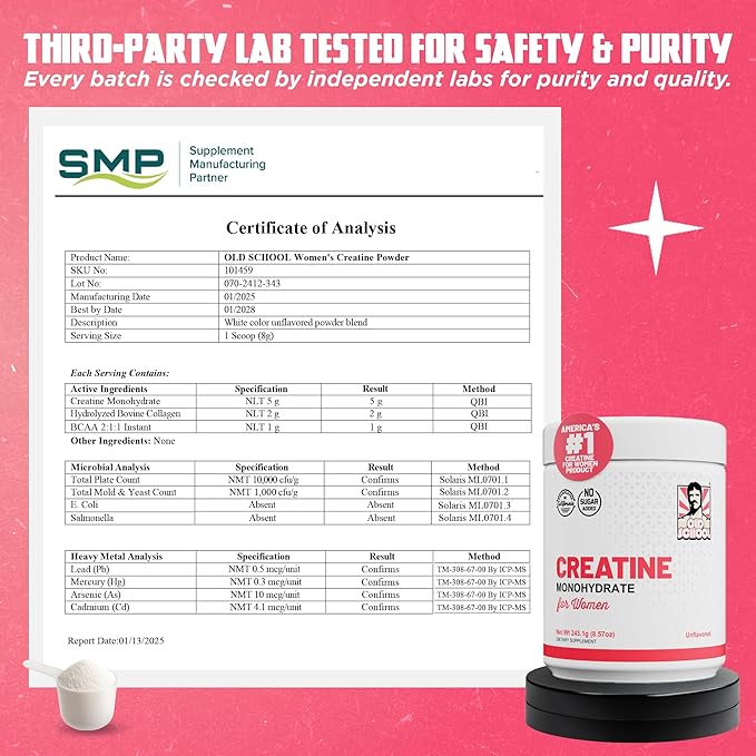 Old School Labs Women's Post-Workout Creatine Powder ∣ 5000mg Creatine, 2000mg Collagen, BCAA 2:1:1 ∣ Optimized for Fast Muscle Recovery, Lean Muscle Growth & Stamina ∣ 30 Servings