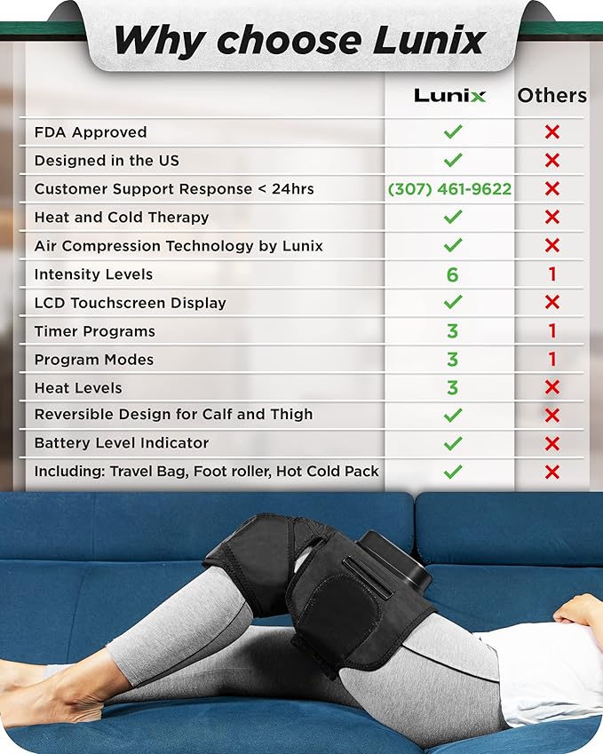 Lunix LX4 Knee Massager with Heat and Compression, Rechargeable Thigh, Calf, and Knee Wrap with Cold or Heat Therapy, Leg Brace and Heating Pad, Black