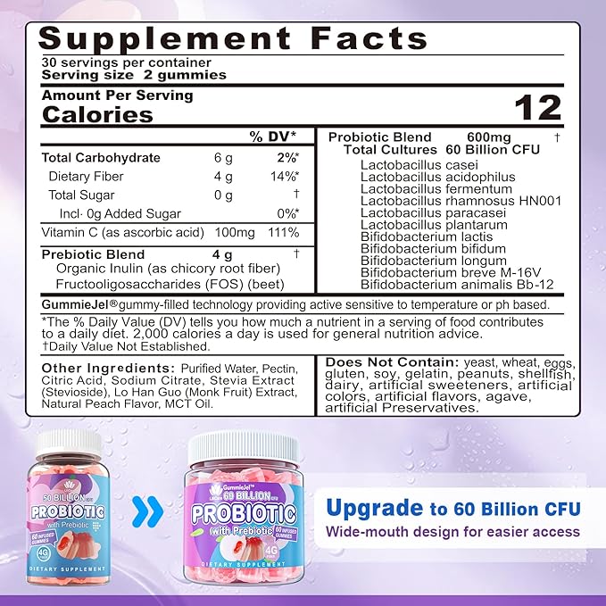 Sugar Free Probiotic Gummies 60 Billion CFU 11 Strains with Prebiotics Fiber, Probiotics Filled Gummies for Women Men Digestive Health, Peach Flavor, Supports Constipation, Diarrhea, Gas & Bloating