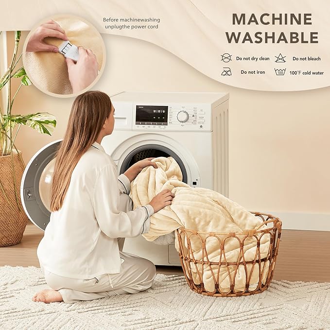 Homemate Heated Electric Blanket Queen Size - 84"x90" Heating Bed Blanket Throw with 10 Heating Levels 8 Hours Auto Off Fast Heating Over-Heat Protection Ultra Soft Flannel ETL Certified, Beige