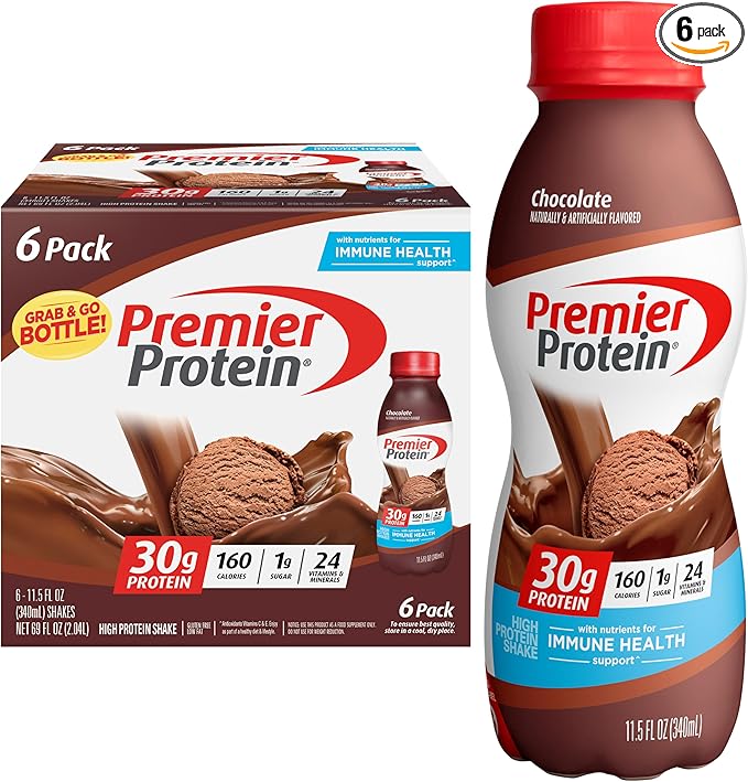 Premier Protein Shake, Chocolate, 30g Protein 1g Sugar 24 Vitamins Minerals Nutrients to Support Immune Health, 11.5 fl oz (Pack of 6)