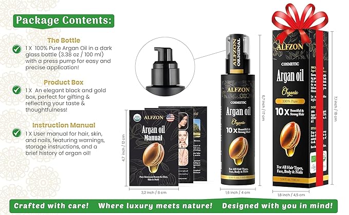 ๐๐๐๐ฉ๐๐ Moroccan Argan Oil 100% Pure USDA Organic Hair Treatment, Cold Pressed For Dry, Damaged, Curly & Frizzy Hair, Skin, Face, Body & Beard Natural Anti Aging for Women & Men, Large 3.38 oz