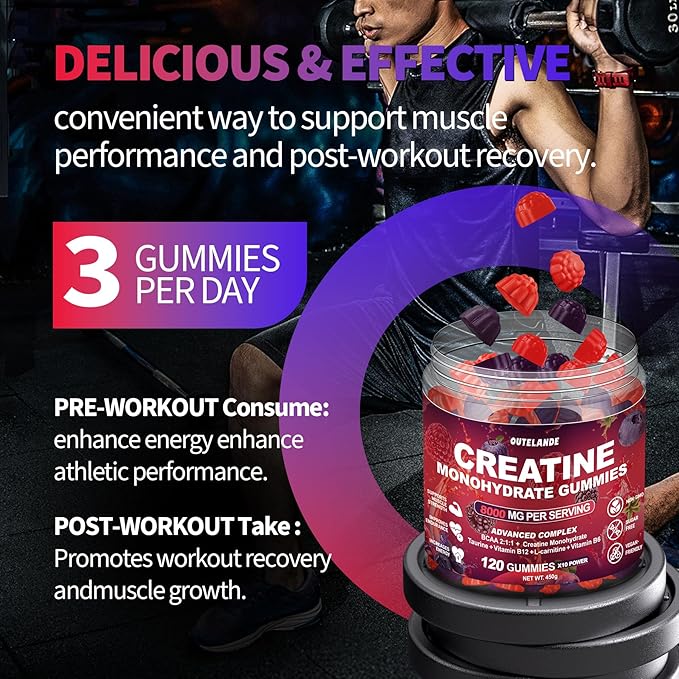 Creatine Monohydrate Gummies 8000 mg for Men & Women, Creatine Supplement for Enhanced Muscle Growth, Energy Boost - with L-Taurine, Sugar Free, Vegan, Raspberry BlackBerry Blueberry Flavor-120 Count