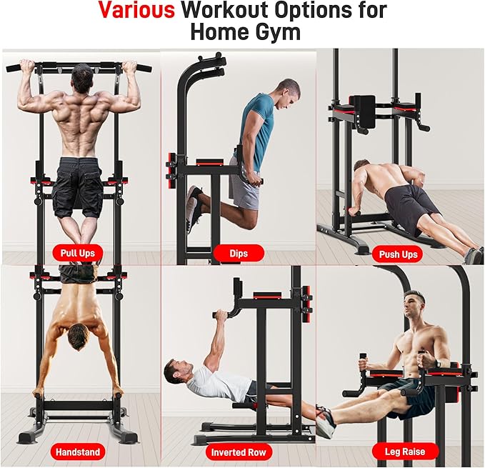 Outdoor Basic Power Tower, Pull Up Bar and Dip Station for Home Gym, 1600LBS Weight Capacity, Adjustable Height, Heavy Duty Steel Frame for Calisthenics, Strength Training Fitness Equipment