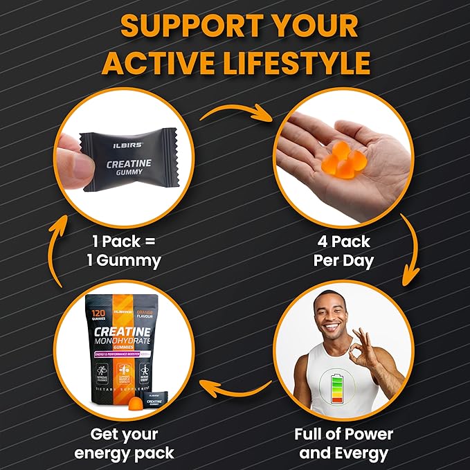 Creatine Monohydrate Gummies 5000mg for Women & Men - Muscle Builder & Pre Workout Gym Supplements - Chewables Creatine Mono Hydrate, Sugar-Free - 120 Gummies, Orange Flavor