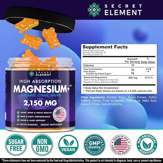 Magnesium Glycinate 2150MG Gummies for Women and Men, High Absorption Magnesium Glycinate, Citrate, Malate Gummies for Adults & Kids, Sleep Support, Sugar Free, Vegan, 60 Chews, Orange