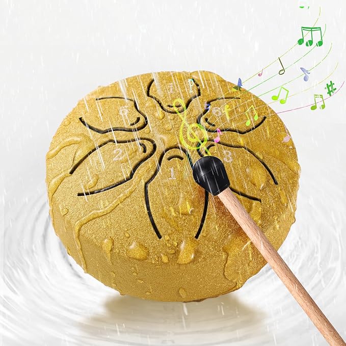 Facmogu 3 Inch 6 Notes Rain Drum for Outside Garden, Steel Tongue Drum Hand Drums with Bag Sticks Music Book, Mini Chakra Drum Musical Education Entertainment Gifts for Kids - Gold (Bowling Pattern)