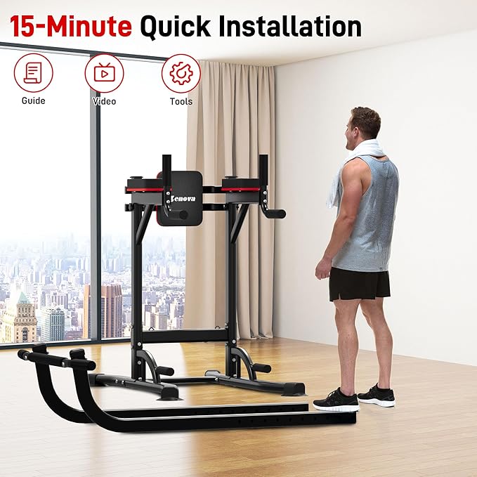 Outdoor Basic Power Tower, Pull Up Bar and Dip Station for Home Gym, 1600LBS Weight Capacity, Adjustable Height, Heavy Duty Steel Frame for Calisthenics, Strength Training Fitness Equipment