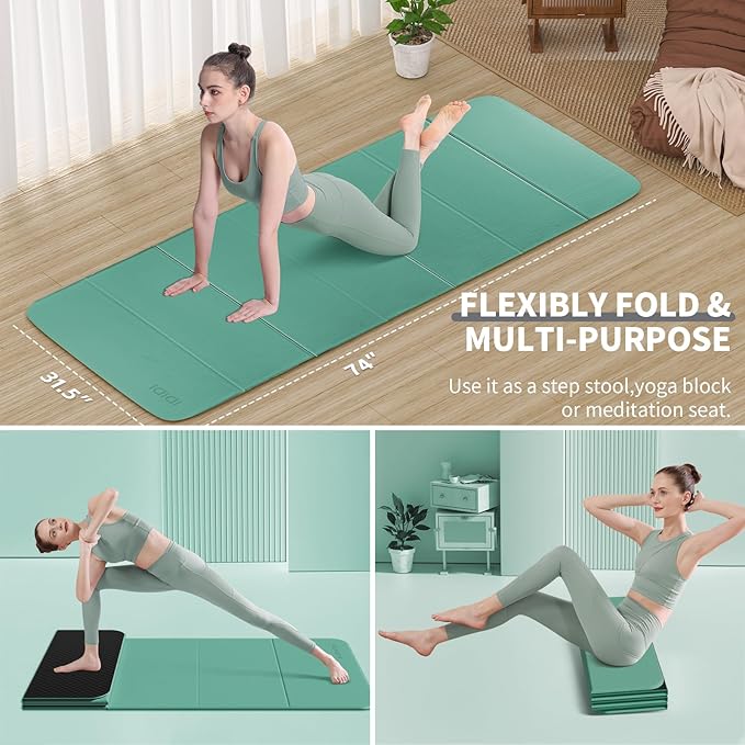 8mm Extra Large Foldable Yoga & Fitness Mat(74" x 31.5" x 0.32"), Double-Sided Non Slip & Lightweight Pilates Mat, Thick Wide Exercise Mats for Woman Man Kids, Portable Workout Mats for Travel, Studio or Home Use