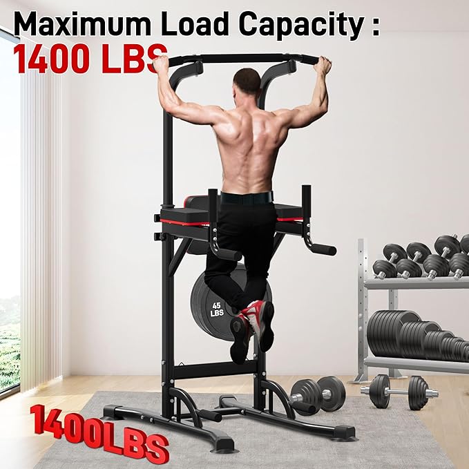 Outdoor Basic Power Tower, Pull Up Bar and Dip Station for Home Gym, 1600LBS Weight Capacity, Adjustable Height, Heavy Duty Steel Frame for Calisthenics, Strength Training Fitness Equipment