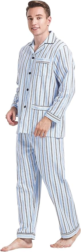 GLOBAL Men's Pajamas Sets 100% Cotton Flannel Sleepwear Long-Sleeve top & Bottom