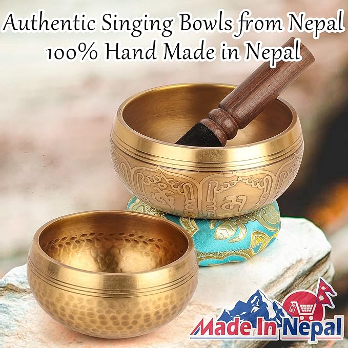 2-Pack Tibetan Singing Bowls Set - 100% Handmade in Nepal, Sound Bowl Meditation Set for Yoga, Chakra Healing, Meditation Gifts, Unique Gifts for Women (Blue, 3.15 + 4 inch)