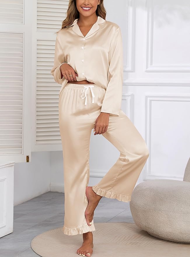 Veseacky Womens Satin Pajama Set Silk Pjs Button Down Long Sleeve Sleepwear Loungewear Sleepwear 2 Piece Pjs Set S-XXL