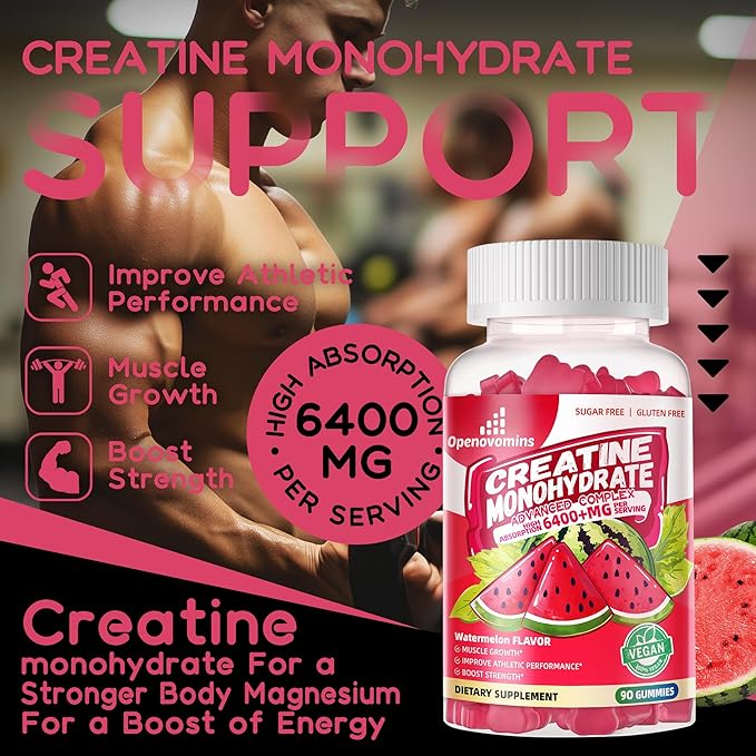 Creatine Monohydrate Gummies Complex for Men & Women -Advanced Formula W/L-Taurine + Vitamin B12, Sugar Free Chewable Supplement,90 Watermelon Gummies